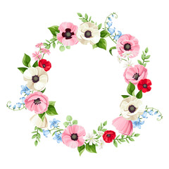 Wall Mural - Vector floral wreath with red, pink, blue, and white poppy and bluebell flowers. Floral circle frame. Greeting or invitation card design.