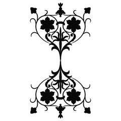 Symmetrical vintage floral design with two heat shapes. Ornate blooming vines and flowers. Black silhouette on white background.