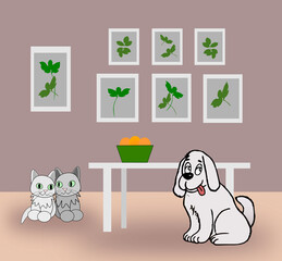 A dog and two kittens sitting in a rom, with a table, and many images on the wall.
