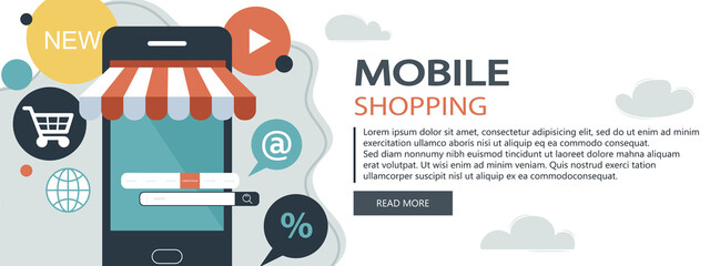 Wall Mural - On line shopping and payment Methods. Mobile payments. Pay per click and online order. Flat vector illustration. Website banner	