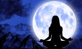 Fototapeta Londyn - Yoga Meditation Zen female Silhouette under full Moon at night illustration
