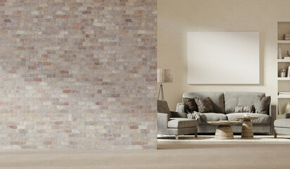 Poster - Blank brick wall with a living room in the background.  3D render. 3D illustration.