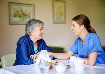 Poster - Tell me all about it. Shot of a resident and a nurse at a retirement home.