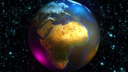 Poster - Bright sphere with continents and oceans swirls in 3d render space. Planetary ball with glow elements surrounded by star clusters. Symbol of travel and discovery with digital creativity.