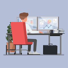 Wall Mural - businessman working with data analytics character vector illustration design. presentation in variou