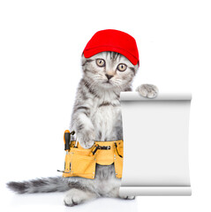 Poster - Funny cat wearing red cap and toolbelt holds empty list.  Isolated on white background