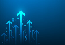 Business Digital Arrows Up To Goal On Blue Dark Background.  Rate Of Return Investment Chart Vision For Financial. Growth Business Concept. Copy Space For Text. Vector Illustation Abstract Futuristic.