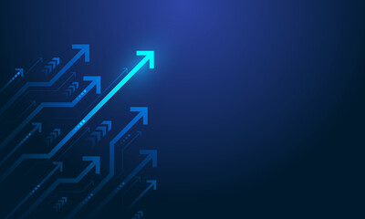 Wall Mural - digital arrow up circuit digital on blue dark background. graph business growth to success concept. vector illustration abstract futuristic hi-tech style. copy space for text input.