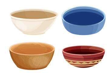 Set empty bowls, dip porcelain plate, wooden and earthenware kitchenware in cartoon style isolated on white background. Food container, design element.