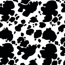 Vector Black Cow Print Pattern Animal Seamless. Cow Skin Abstract For Printing, Cutting, And Crafts Ideal For Mugs, Stickers, Stencils, Web, Cover. Wall Stickers, Home Decorate And More.