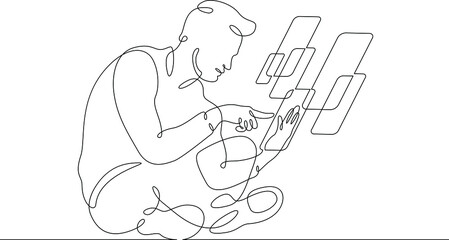 One continuous line.Augmented reality.Multi-screen in the phone application. Augmented Reality on the smartphone screen. Continuous line drawing.Line Art isolated white background.