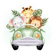 Watercolor cute safari animals in the car 