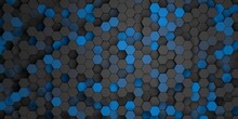 Abstract Dark Geometric Background With Hexagons In Black And Blue Colors. 3d Render