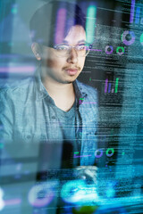 Poster - Writing code is what he does. Cropped shot of a young computer programmer looking through data.