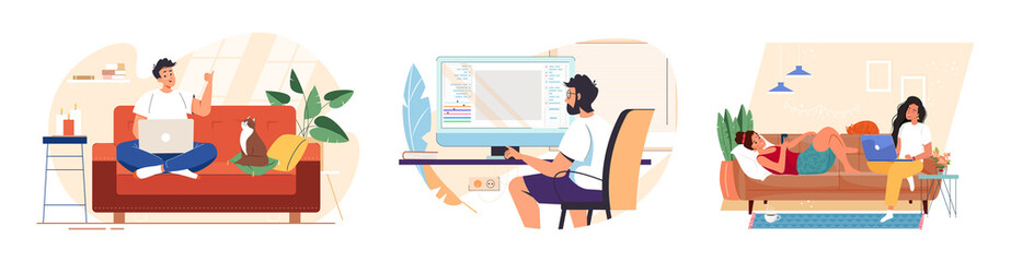 Fototapete - People working or studying remotely in comfortable conditions set vector flat illustration. Freelance people with laptops at home. Work or education online. Man and woman self employed concept.