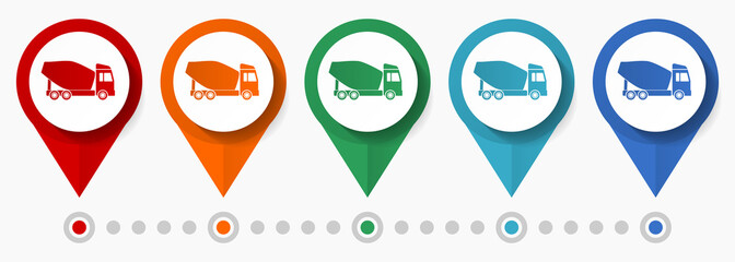 Leinwandbilder - Concrete mixer, vehicle concept vector icon set, flat design truck pointers, infographic template easy to edit