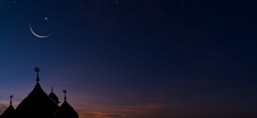 Wall Mural - mosques dome on dark blue twilight sky and crescent moon on background, symbol islamic religion rama