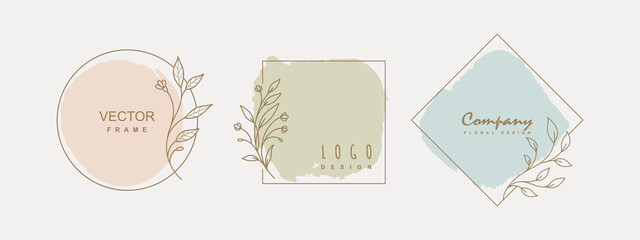 hand drawn floral frames. logo template in minimal style with flowers. botanical trendy vector illus