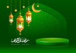 Ramadan Kareem background with green podium for premium product presentation. Podium stage decorated by Arabic arch window with Islamic pattern, crescent moon, golden lanterns. Vector illustration.