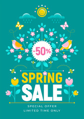 Wall Mural - Advertising banner about seasonal spring sale with discount percentage. Stylish design with spring fresh leaves, birds on the blooming tree. Turquoise  background. Cartoon style. Vector illustration.