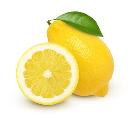 Poster - Ripe lemon fruit and sliced with leaves isolated on white background, Fresh and Juicy Lemon