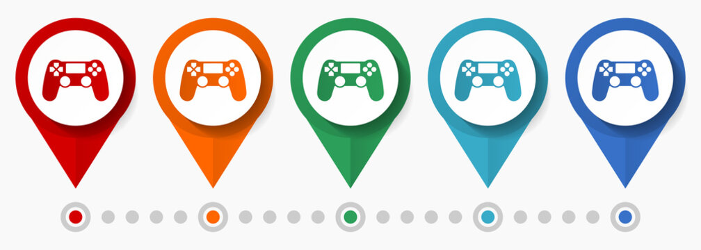 Gamepad, game controller concept vector icon set, flat design console pointers, infographic template easy to edit