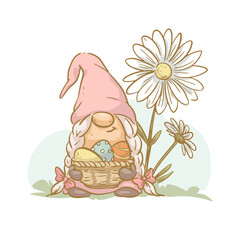 Vector Easter illustration with funny spring lady gnome and basket full of easter eggs isolated. Hand drawn sketch vintage style. For cards, invitations, prints, banners etc.