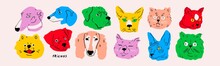 Portraits Of Various Dogs And Cats. Cute Kittens, Puppies. Different Breeds. Cartoon Style, Abstract Colors. Best Friends, Home Pet Concept. Hand Drawn Vector Illustration. Every Head Is Isolated