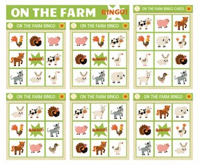 Wall Mural - Vector farm animals bingo cards set. Fun family lotto board game with cute goat, pig, horse, cow for kids. Rural countryside lottery activity. Simple educational printable worksheet..