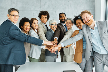 young business people meeting office portrait diversity teamwork group connection success holding hands unity senior mature colleague together