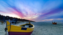 Colorful Fishing Boat On The Beach At Sunset, Dębki, Poland