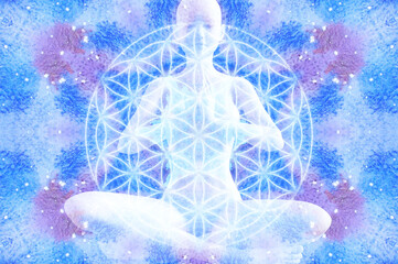 Wall Mural - ilhouette of a girl in Lotus position on the background of the universe and the flower of life. A state of trance and deep meditation. A spiritual journey in the universe. Watercolor illustration.