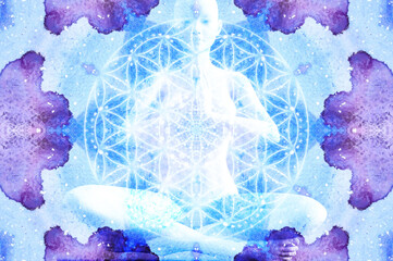 Wall Mural - ilhouette of a girl in Lotus position on the background of the universe and the flower of life. A state of trance and deep meditation. A spiritual journey in the universe. Watercolor illustration.