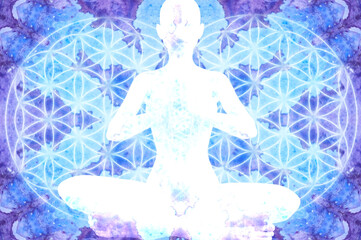 Wall Mural - ilhouette of a girl in Lotus position on the background of the universe and the flower of life. A state of trance and deep meditation. A spiritual journey in the universe. Watercolor illustration.