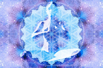 Wall Mural - ilhouette of a girl in Lotus position on the background of the universe and the flower of life. A state of trance and deep meditation. A spiritual journey in the universe. Watercolor illustration.