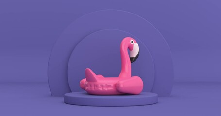 Poster - 4k Resolution Video: Summer Swimming Pool Inflantable Rubber Pink Flamingo Toy Rotating over Violet Very Peri Cylinders Products Stage Pedestal on a Violet Very Peri background loop animation
