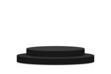 Poster - Black podium mockup in circle shape. Empty black stage and pedestal mockup on white background. Round podium, stand and platform for award ceremony and product presentation. Vector