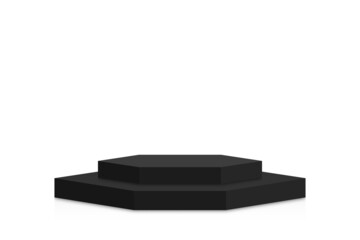 Poster - Black podium mockup in hexagon shape. Empty black stage and pedestal mockup on white background. Hexagon podium, stand and platform for award ceremony and product presentation. Vector