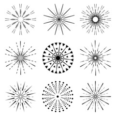 Poster - Festive fireworks black lines collection. Set of explosion rays design elements. Abstract burst contour firecracker pattern. Jpeg illustration