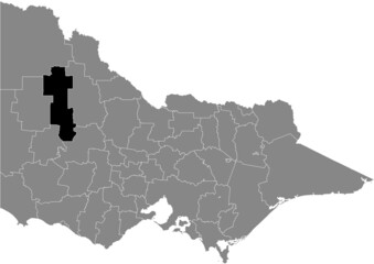 Black flat blank highlighted location map of the SHIRE OF YARRIAMBIACK AREA inside gray administrative map of areas of the Australian state of Victoria, Australia