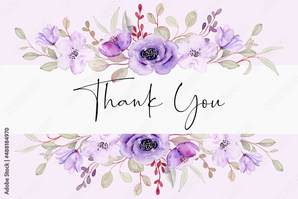 Thank you card with watercolor purple floral Stock Vector | Adobe Stock