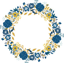 Round Nature Frame With Blue And Yellow Flowers And Leaves