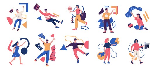 Poster - People with abstract shapes. Creative process and finding idea metaphor. Women and geometric figures. Men with contour spots. Circles and squares. Vector business brainstorming concept