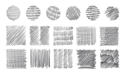 Aufkleber - Pencil stroke pattern. Pen doodle scrawl. Hand drawn sketch texture with pen lines. Cross or parallel hatch. Black and white backgrounds. Vector square and round hatching shapes set