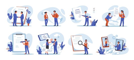 Poster - People sign document. Characters signing contract and setting arrangement. Businessmen communication and handshake. Online negotiation. Pen and papers. Vector deal with legal signature set