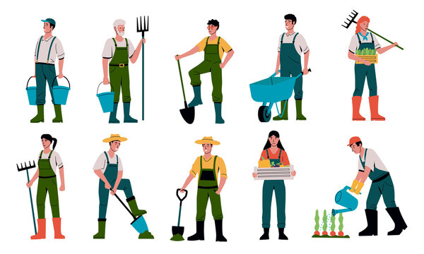 Wall Mural - Farmer character. Agricultural workers with equipment working on farm and garden. Men digging ground or watering plants. Persons with buckets, shovels and rakes. Vector gardeners set