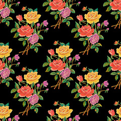 Poster - seamless pattern bouquet of roses isolated on a black background