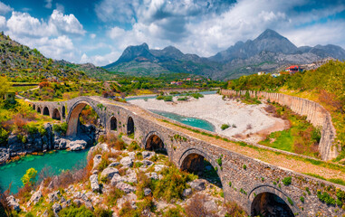 Wall Mural - beautiful spring view of old mes bridge. colorful morning landscape of shkoder. amazing outdoor scen