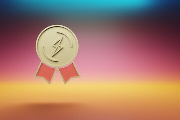 Poster - Beautiful golden lightning Badge symbol on multicolor bright background. 3d rendering illustration. Background pattern for design.
