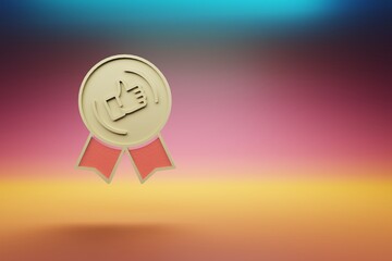 Poster - Beautiful golden thumbs up Badge symbol on multicolor bright background. 3d rendering illustration. Background pattern for design.